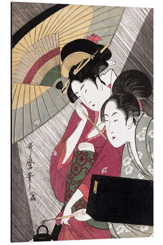 Aluminium print Geisha and attendant on a rainy night