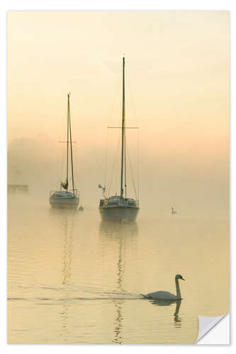 Muursticker A misty morning over Lake Windermere, UK