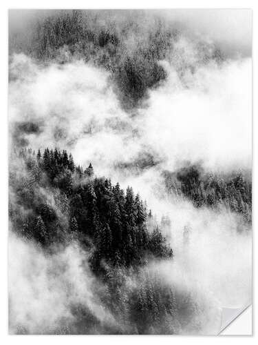 Selvklebende plakat Cloudy treetops of the nearby mountain