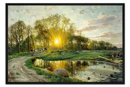 Gerahmter Kunstdruck Heimbringen der Kühe bei Sonnenuntergang
