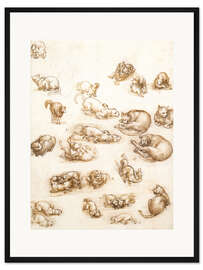 Gerahmter Kunstdruck Studienblatt mit Katzen, Drachen und anderen Tieren