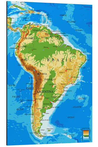 Print på aluminium South America - Topographic Map