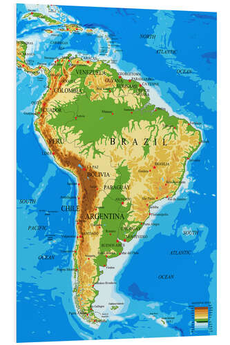 Quadro em PVC South America - Topographic Map