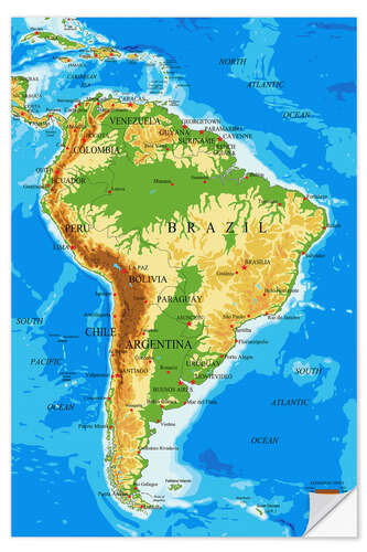 Selvklebende plakat South America - Topographic Map