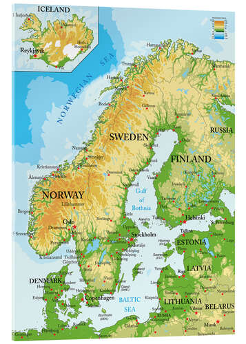 Acrylic print Scandinavia, Topographic Map