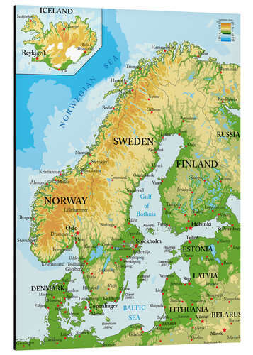 Alubild Skandinavien, Topographische Karte (Englisch)