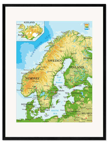 Impression artistique encadrée Carte topographique de la Scandinavie