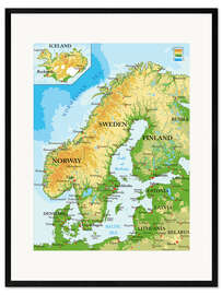 Ingelijste kunstdruk Scandinavië - Topografische kaart