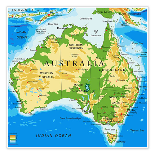 Poster Australien - Topographische Karte (Englisch)