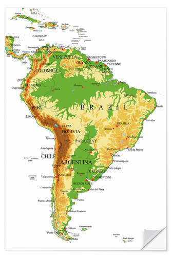 Selvklebende plakat South America - Topographic Map