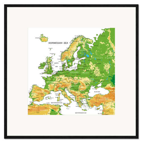 Gerahmter Kunstdruck Europa - Topographische Karte