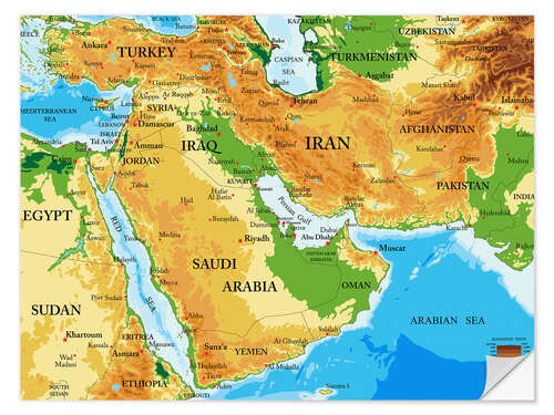 Selvklebende plakat Middle East - Topographic Map