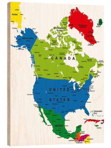 Wood print North America - Political Map