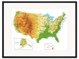 Gerahmter Kunstdruck USA - Topographische Karte