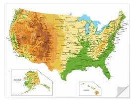 Selvklebende plakat Topografisk kart over USA