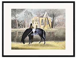 Ingelijste kunstdruk Pur-sang noir, cavalier et chapelle dans les bois