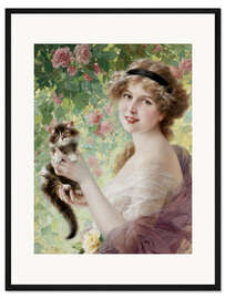 Gerahmter Kunstdruck Junges Mädchen mit einem Kätzchen