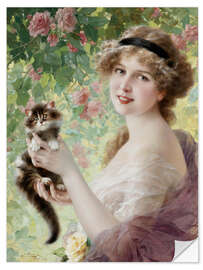 Muursticker Young girl with a kitten