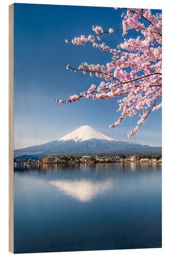 Holzbild Berg Fuji und See Kawaguchiko in Japan zur Kirschblüte