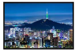 Gerahmter Kunstdruck Blick auf die Skyline von Seoul mit Berg Namsan und N Seoul Tower