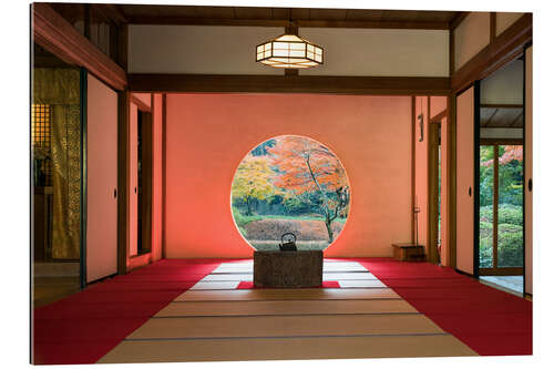 Tableau en plexi-alu Fenêtre ronde au temple Meigetsu-in, Japon