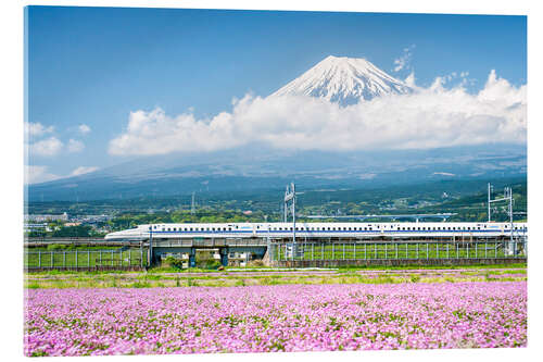 Tableau en verre acrylique Le train Shinkansen passant devant le mont Fuji à Shizuoka, Japon