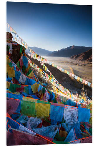 Acrylic print Valley at sunrise with prayer flags, Tibet