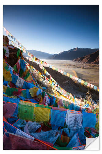 Wall sticker Valley at sunrise with prayer flags, Tibet