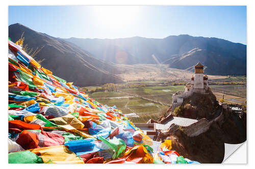 Autocolante decorativo Yungbulakang palace with tibetan prayer flags, Tibet