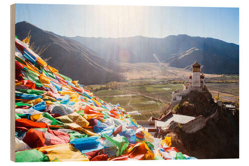 Wood print Yungbulakang palace with tibetan prayer flags, Tibet