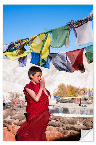 Sticker mural Young buddhist monk praying, Nepal, Asia