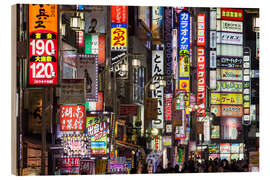 Holzbild Bunte Neonreklame im Stadtteil Shinjuku in Tokyo III