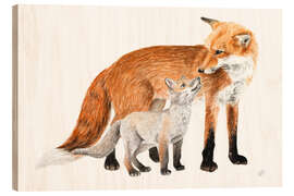 Wood print Fox mom and cub