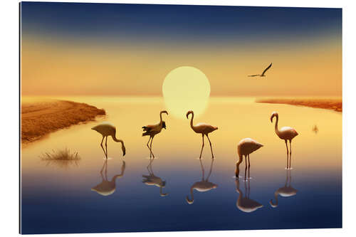 Tableau en plexi-alu Flamingos in the evening sun