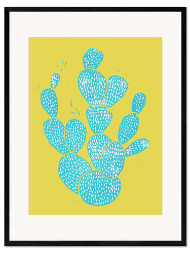 Inramat konsttryck Linocut Cactus - Desert Blue