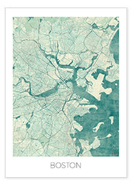 Wandbild Karte von Boston, Blau - Hubert Roguski
