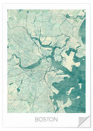 Selvklebende plakat Boston Map Blue