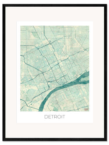 Kehystetty taidepainatus Detroit Map Blue