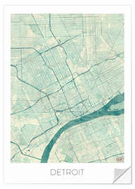 Selvklæbende plakat Detroit Map Blue