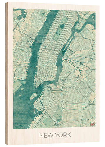 Wood print Map of New York, Blue