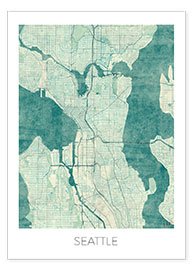 Poster  Karte von Seattle, Blau - Hubert Roguski