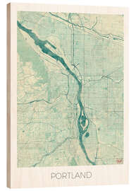 Wood print Portland Map Blue