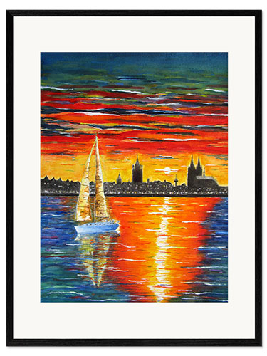 Framed art print Sailboat in the sunset in front of Cologne