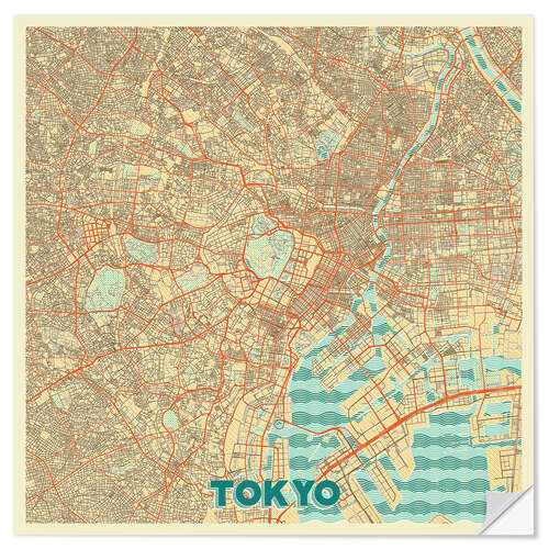 Selvklebende plakat Tokyo Map Retro