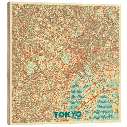 Wood print Tokyo Map Retro