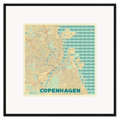 Inramat konsttryck Copenhagen Map Retro