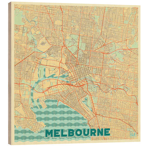 Trätavla Melbourne Map Retro