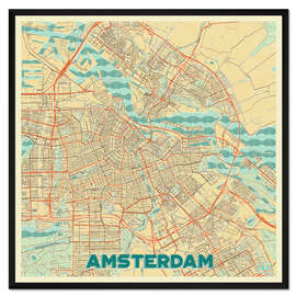 Gerahmter Kunstdruck Karte von Amsterdam, Retro