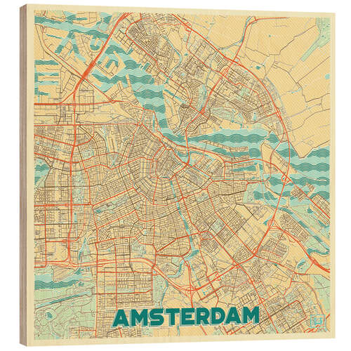 Quadro de madeira Amsterdam Map Retro