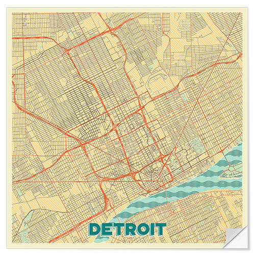 Selvklebende plakat Detroit Map Retro